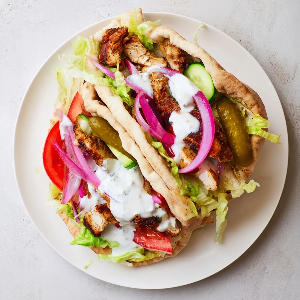 Juicy spiced chicken shawarma sliced and wrapped in warm pita with crisp vegetables