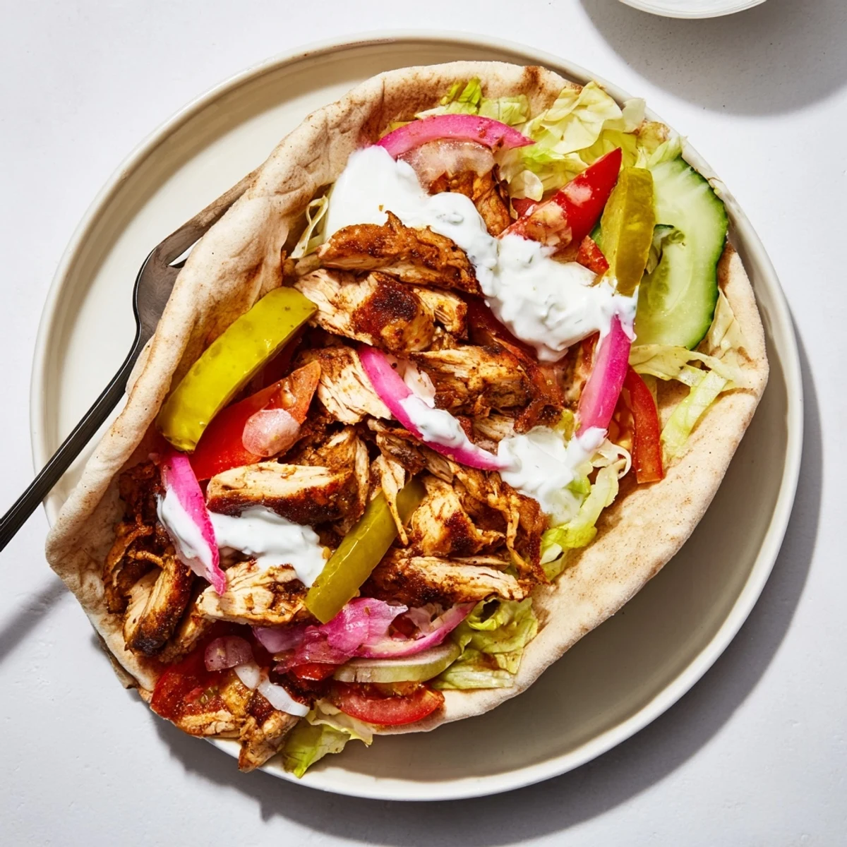 Golden chicken shawarma pieces layered with fresh tomatoes cucumber and tangy yogurt sauce