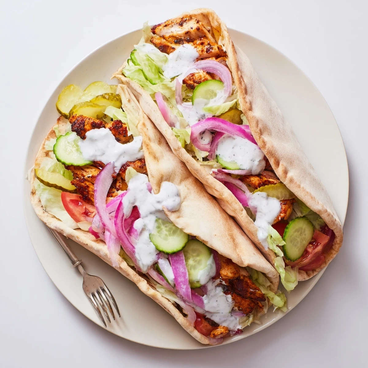 Savory chicken shawarma with aromatic spices served in pita topped with creamy garlic sauce