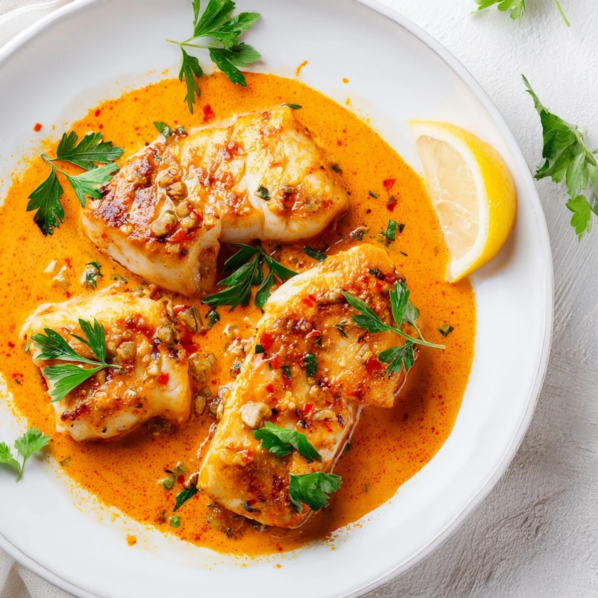 Golden seared cod fillets nestled in a vibrant roasted red pepper sauce with fresh parsley garnish