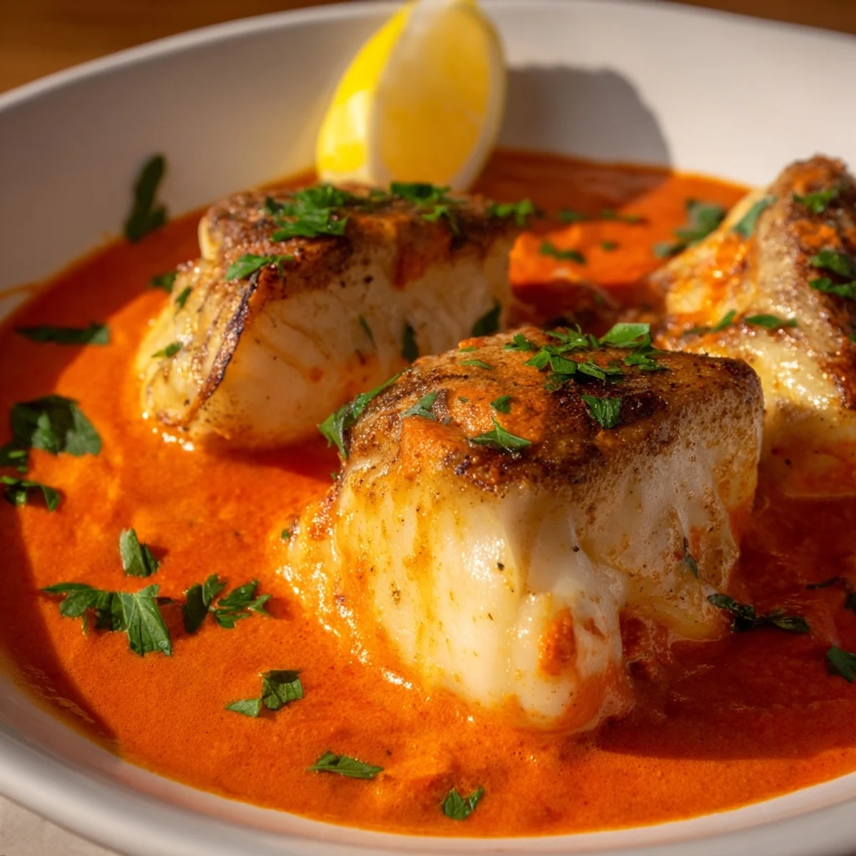 Flaky white cod fish simmered in creamy red pepper sauce served with lemon wedges