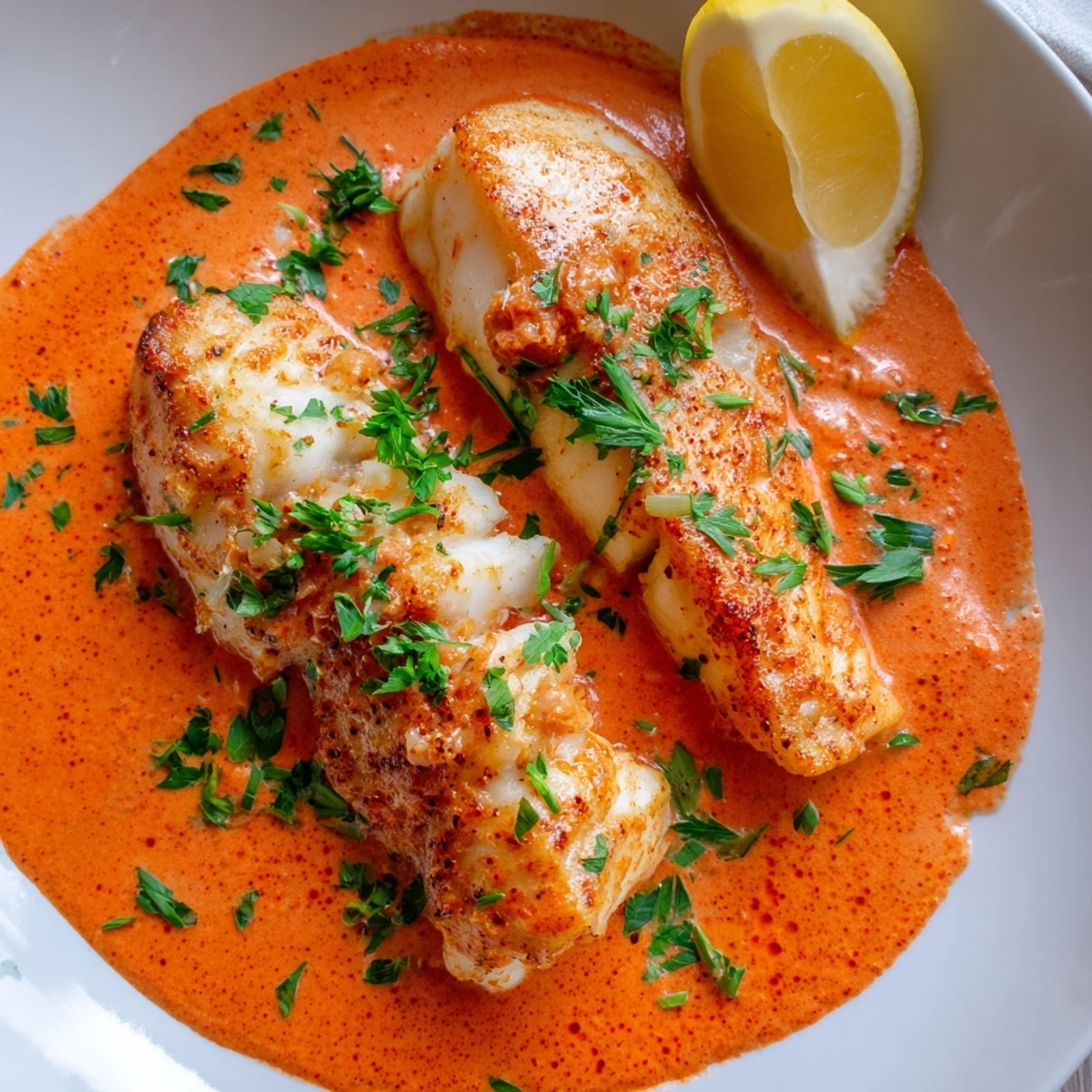 Mediterranean style cod in roasted red pepper sauce with tender flakes and bright red hue