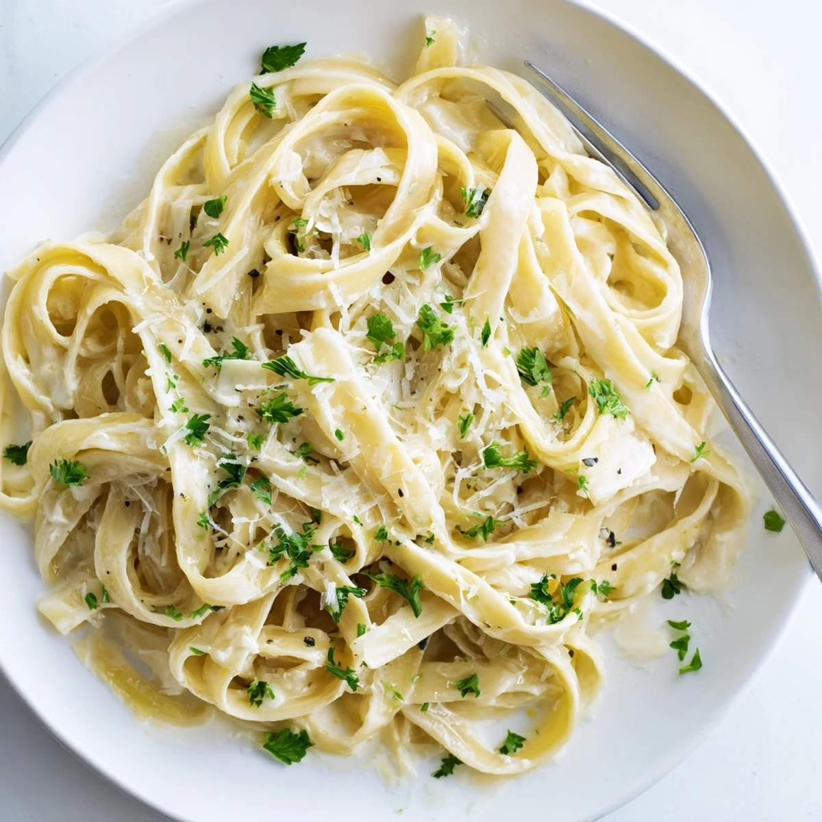 Steaming plate of classic Italian Alfredo pasta featuring silky butter parmesan sauce coating tender fettuccine noodles