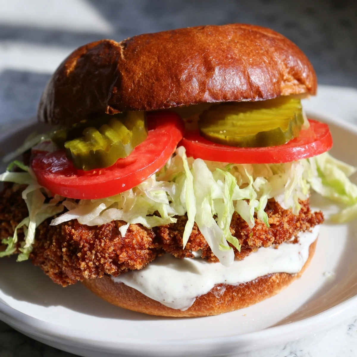 Golden crispy spicy chicken sandwich topped with fresh lettuce tomato and pickles on toasted brioche bun