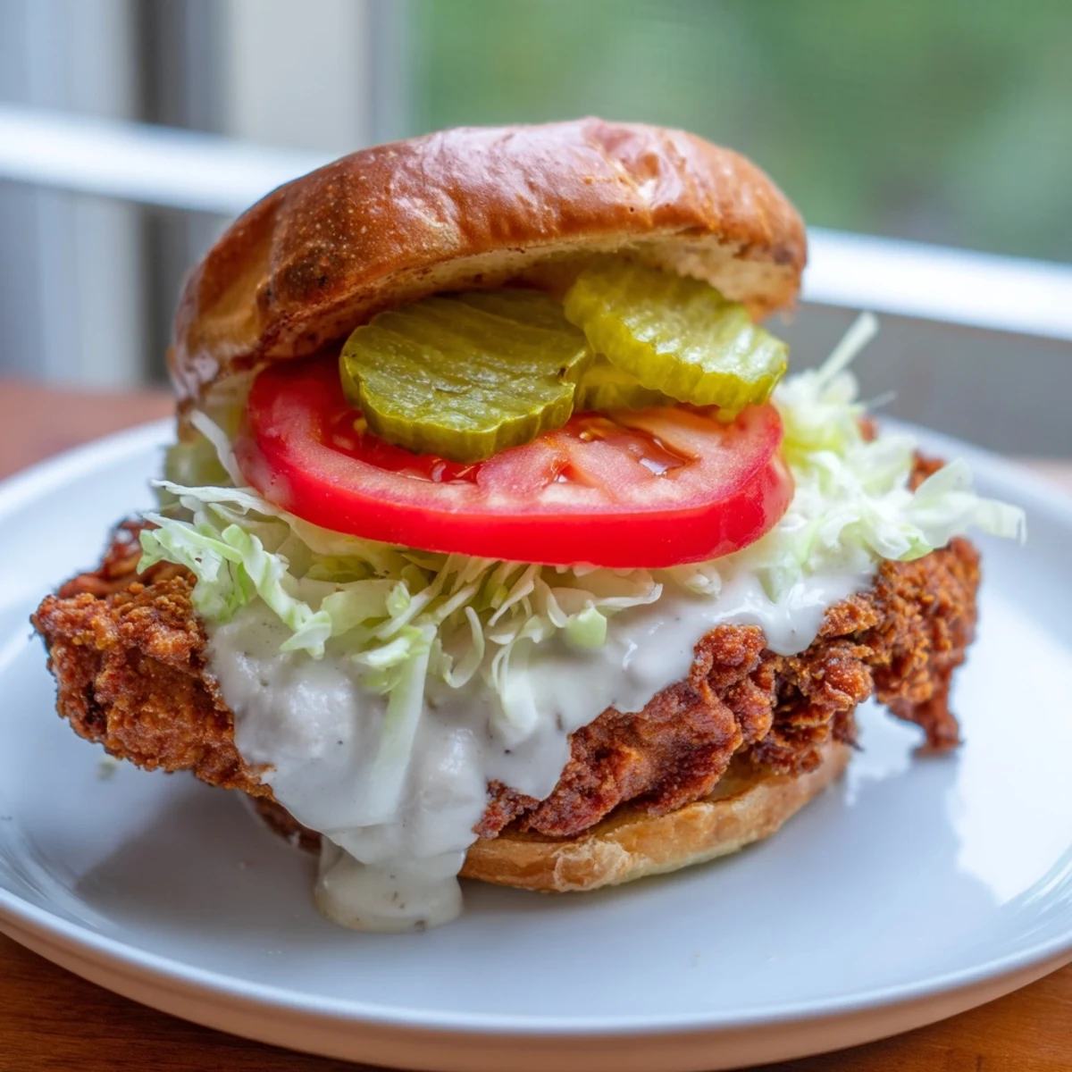 Homemade spicy chicken sandwich featuring crunchy fried breast cool tangy sauce and classic pickle toppings on soft bun