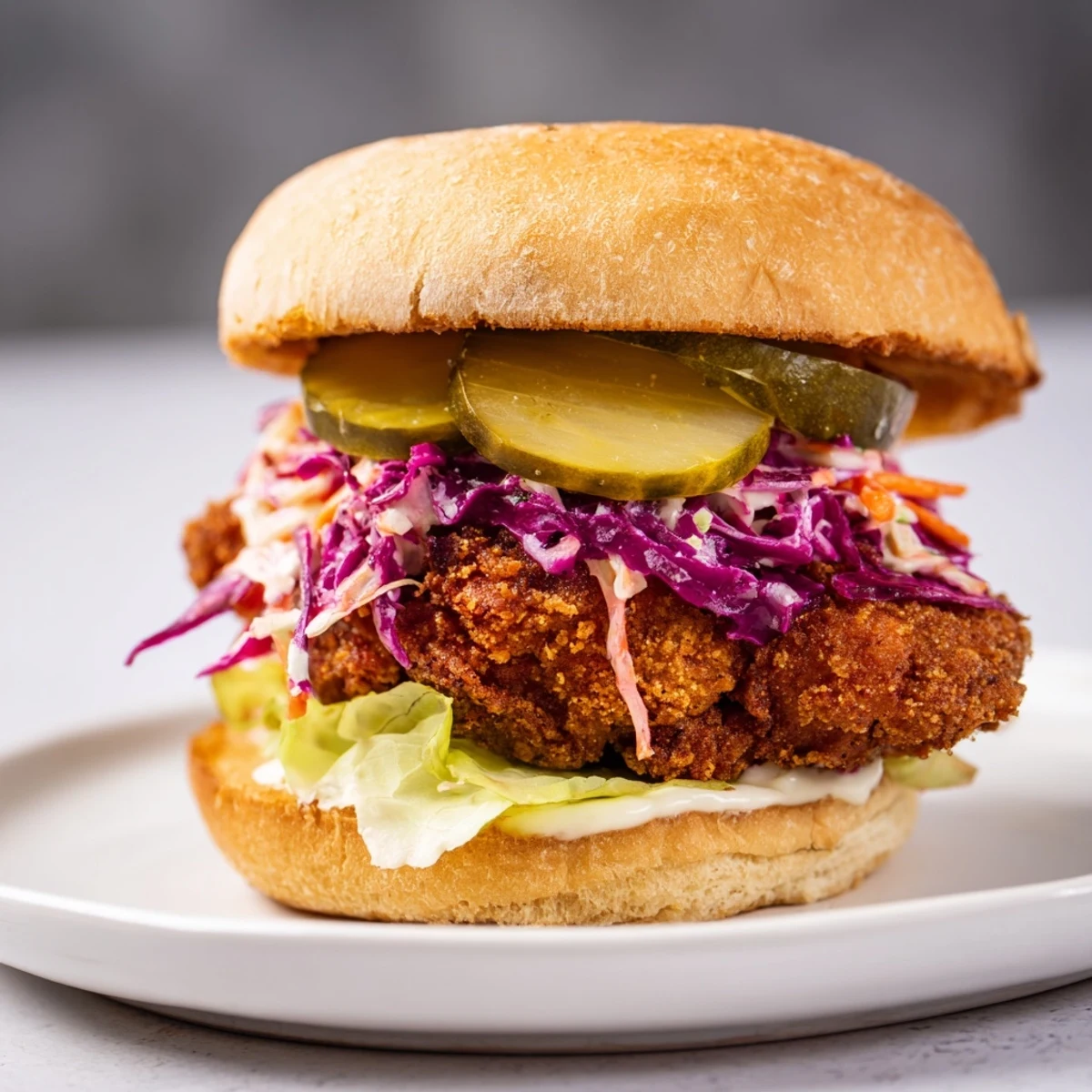 Golden Southern fried chicken burgers topped with tangy cabbage slaw and crisp dill pickle slices on toasted buns