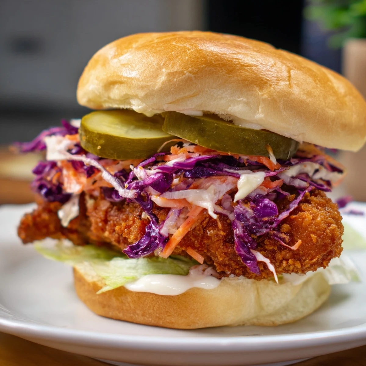 Juicy Southern spiced chicken fillets fried until golden brown and served in burger buns with fresh slaw topping