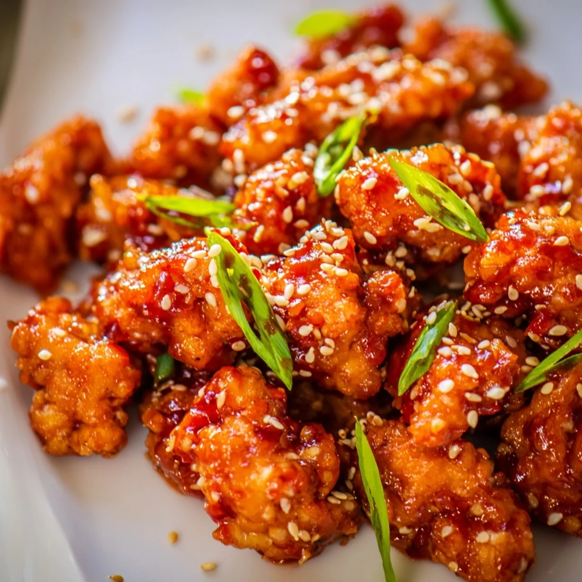 Golden chicken pieces coated in glossy sweet chili sauce and garnished with sesame seeds over white rice