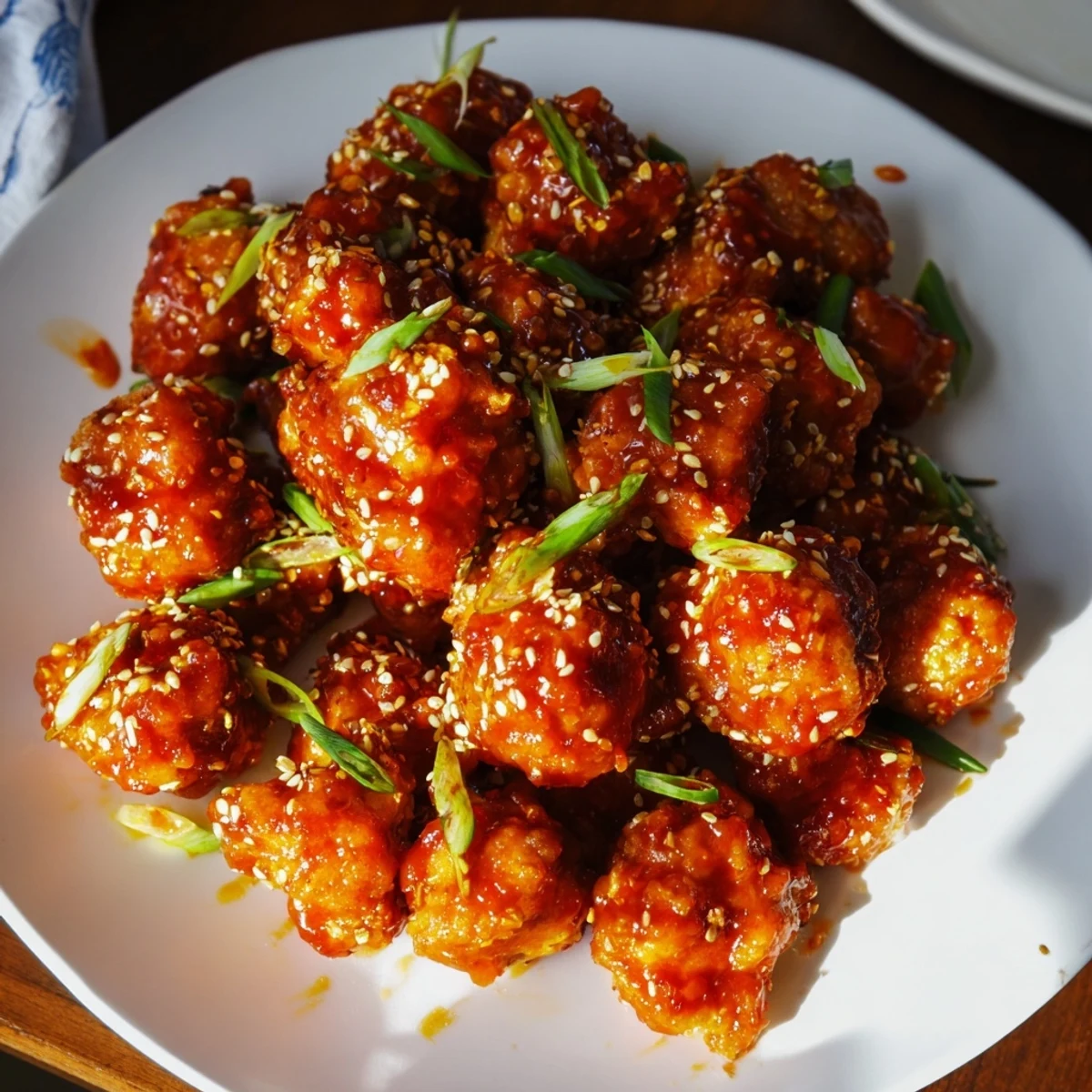 Tender sticky sweet chili chicken glistening with spicy glaze and topped with fresh green onion slices