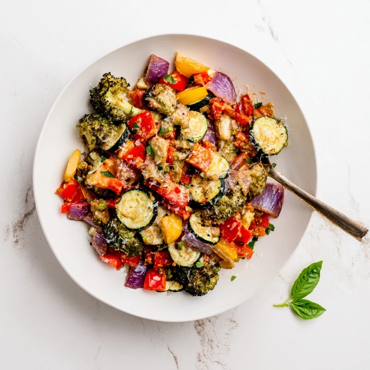 Vibrant medley of roasted zucchini peppers and eggplant in rich Parmesan cream sauce