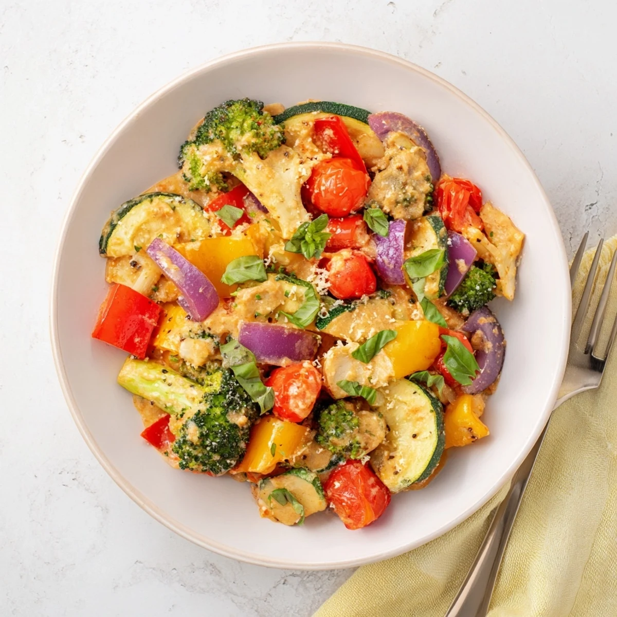 Colorful Marry Me roasted vegetable medley drizzled with tangy sun-dried tomato cream sauce