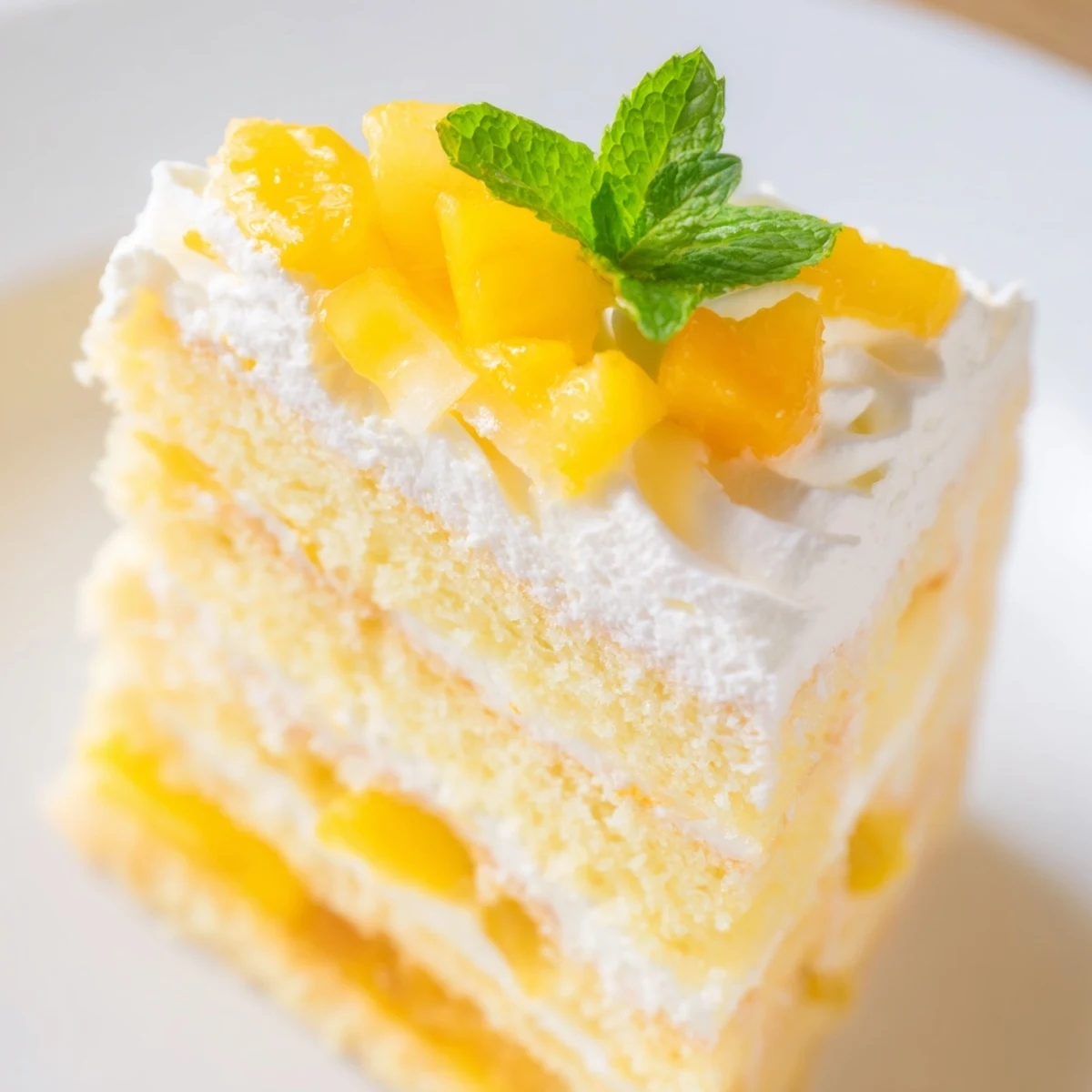 Mini mango yuzu Chantilly cake featuring fluffy sponge layers with tropical fruit and citrus curd