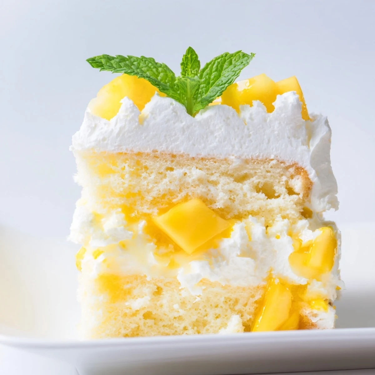 Elegant mini mango yuzu Chantilly cake stacked with sweet mango cubes and whipped cream frosting