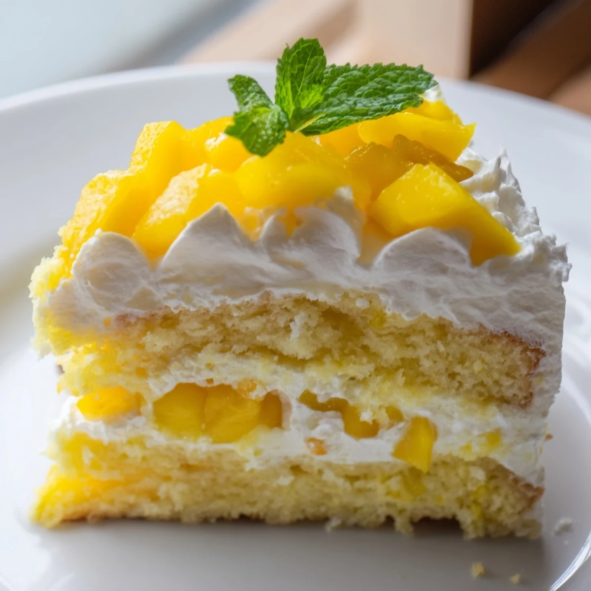 French-Japanese mini mango yuzu Chantilly cake garnished with mint and fresh diced mango pieces
