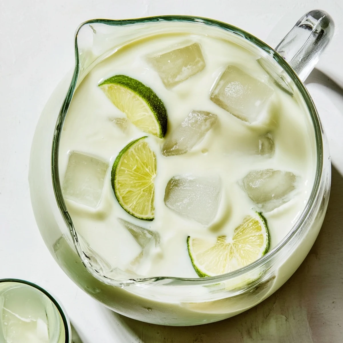 Frothy glass of creamy Brazilian lemonade garnished with fresh lime slices on ice
