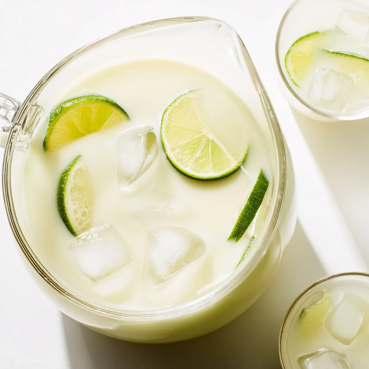  pitcher of pale green creamy Brazilian lemonade served over ice cubes