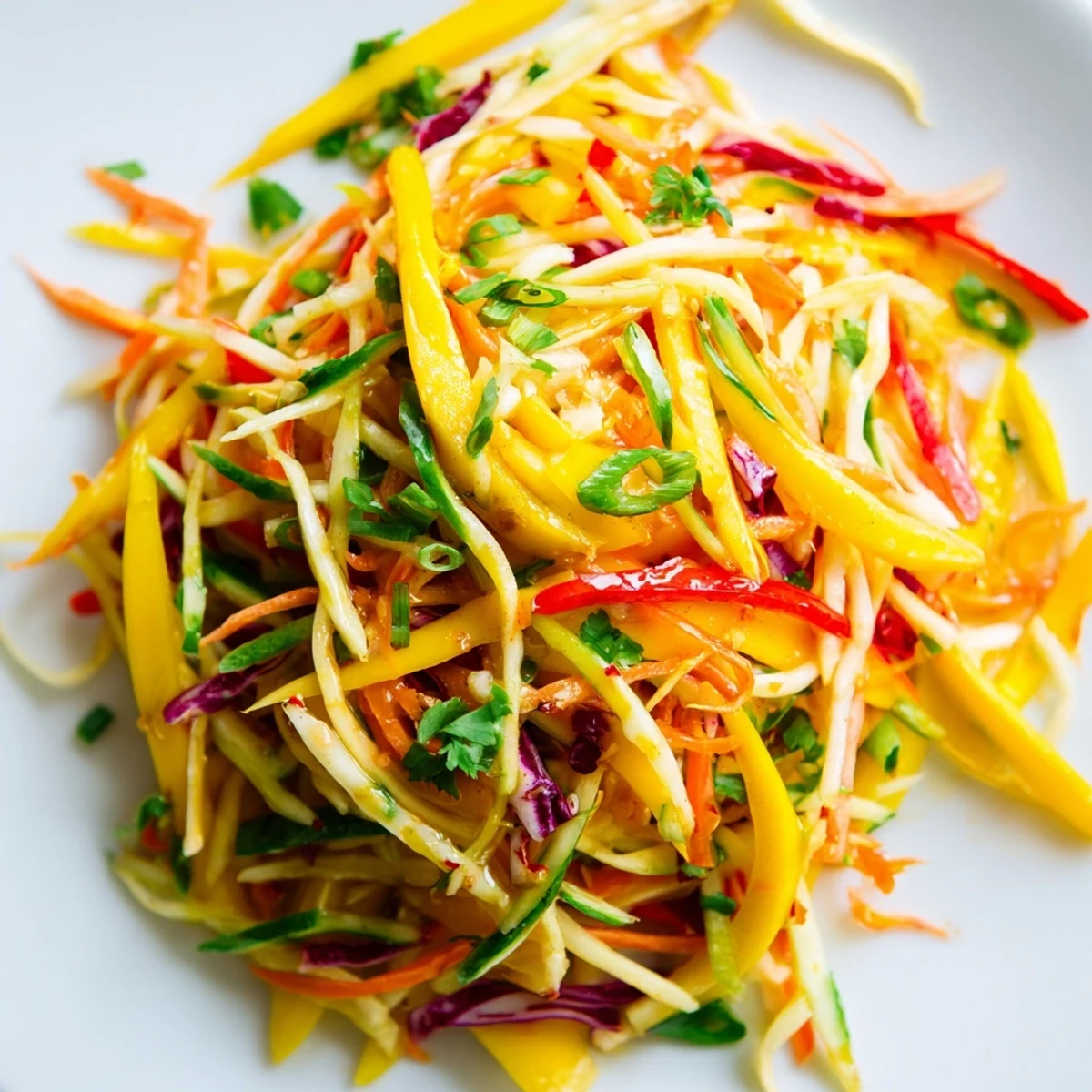 Colorful mango slaw with shredded cabbage and crisp vegetables in a light lime dressing