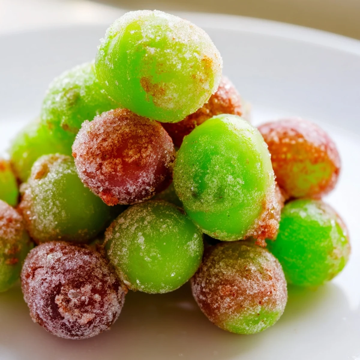 Fresh frozen Tajín grapes coated in spicy red seasoning and lime zest on a white plate
