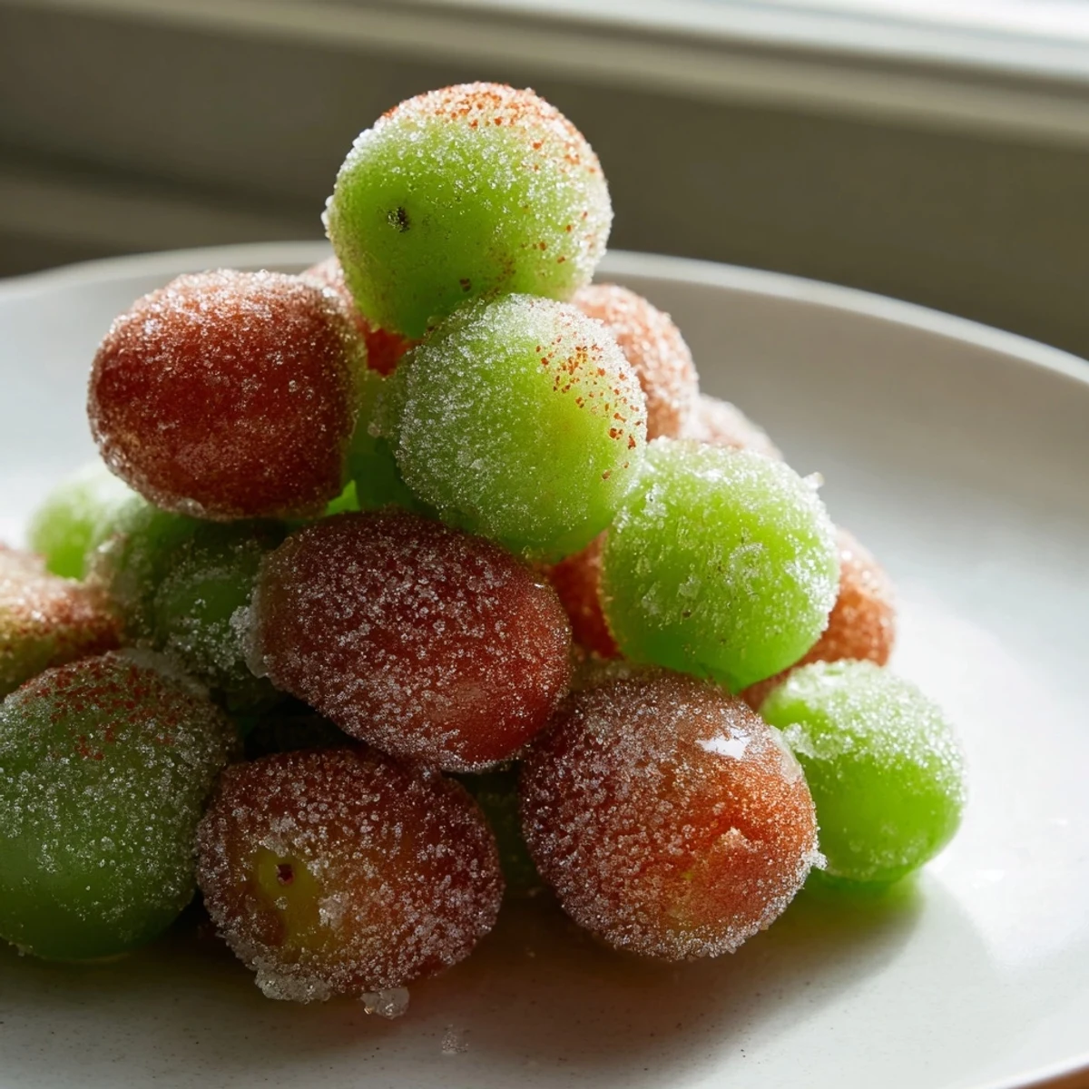 Glistening frozen grapes sprinkled with spicy Tajín seasoning arranged on parchment paper for freezing