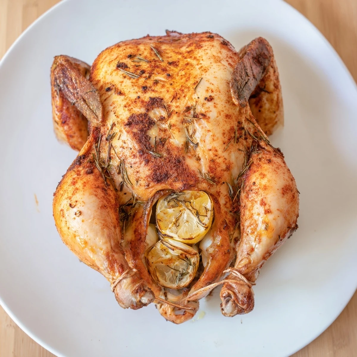 Golden brown juicy rotisserie chicken with crispy seasoned skin resting on a carving board
