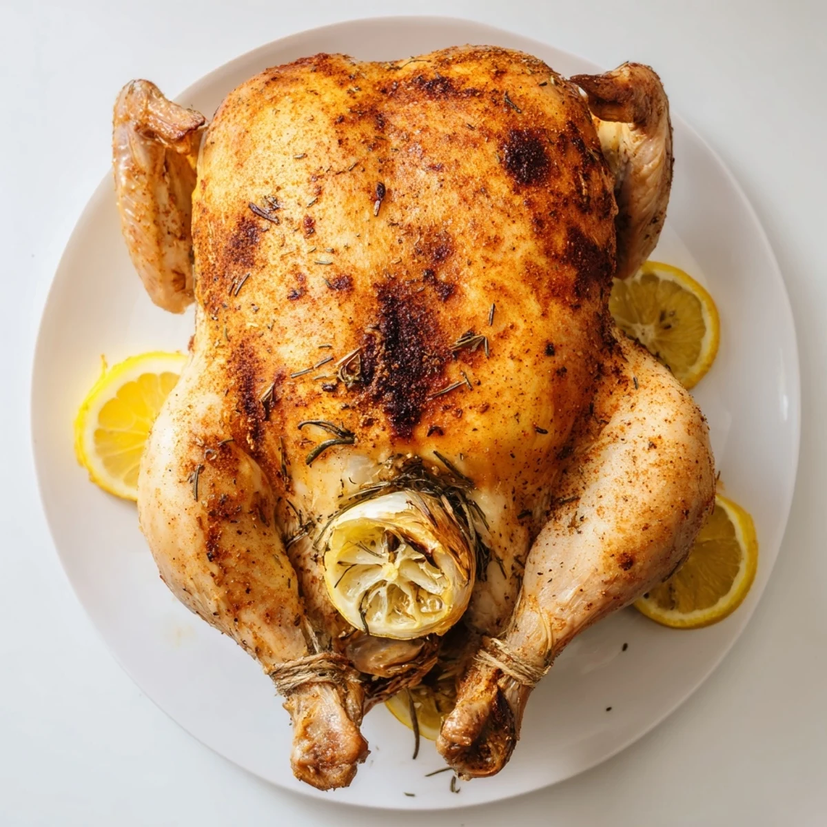 Succulent rotisserie chicken with aromatic herbs and lemon carved on a wooden cutting board