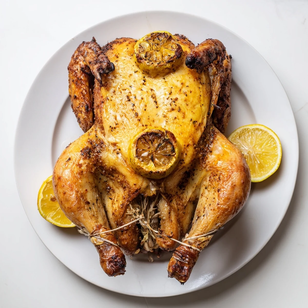 Whole roasted rotisserie chicken with tender meat displayed on a white serving platter