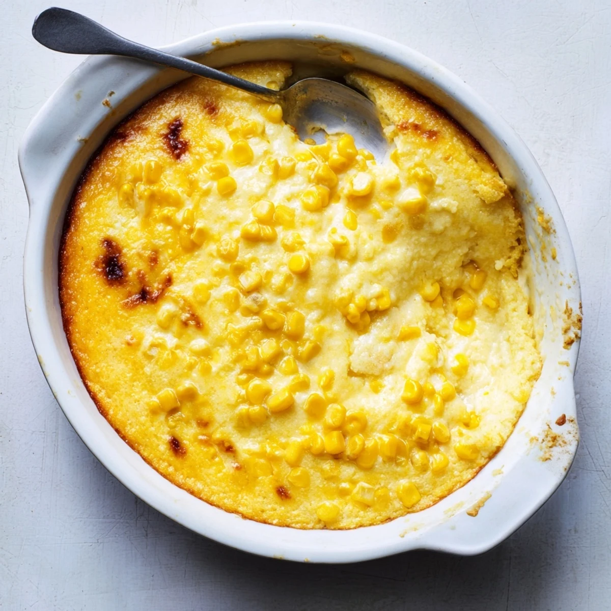 Baked honey glazed corn casserole served in a white dish with cheddar cheese melted throughout