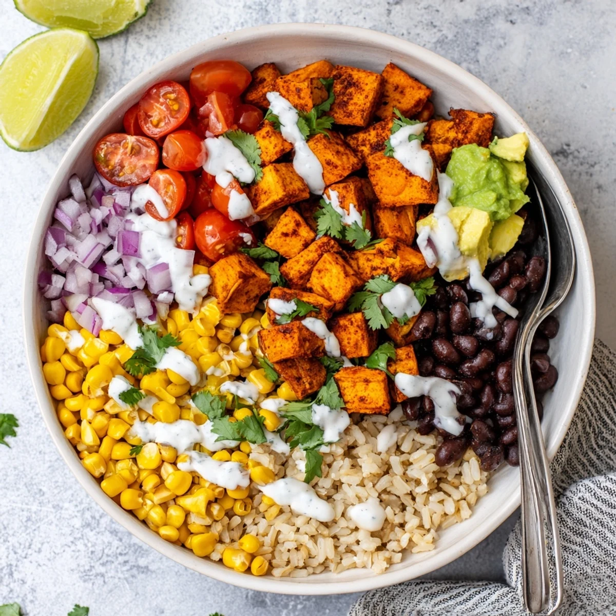 Vibrant vegan sweet potato burrito bowl with roasted potatoes, black beans, and colorful fresh toppings in a white serving bowl