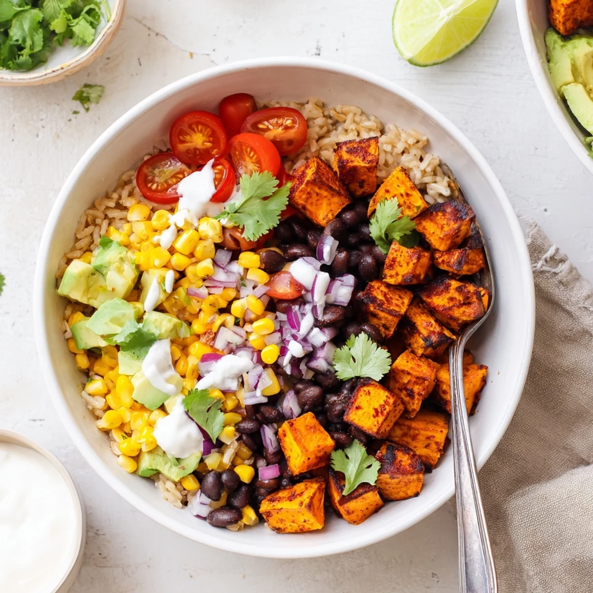 Hearty Mexican-inspired vegan sweet potato burrito bowl featuring fluffy brown rice, spiced beans, creamy avocado, and bright cilantro garnish