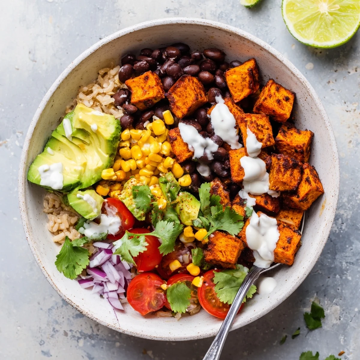 Golden roasted sweet potatoes top this satisfying vegan sweet potato burrito bowl alongside corn, tomatoes, and zesty lime wedges