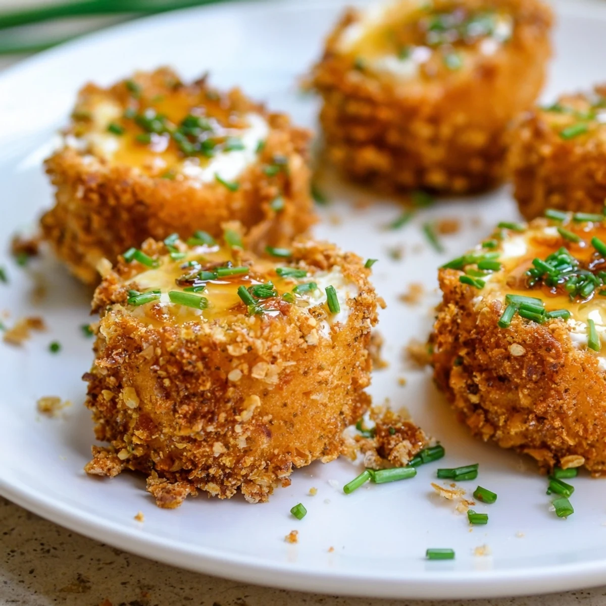 Fried goat cheese rounds with pretzel coating served on white plate with honey drizzle