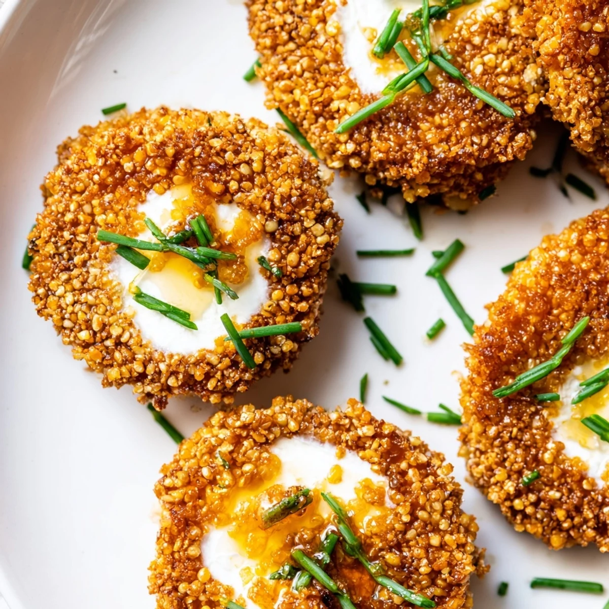 Golden brown crispy fried goat cheese medallions coated in crunchy pretzel crust