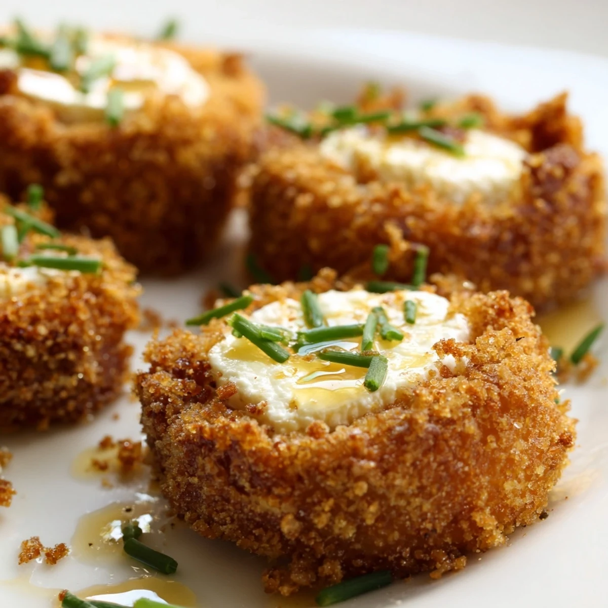 Crispy pretzel crusted goat cheese appetizer with fresh herb garnish and balsamic glaze