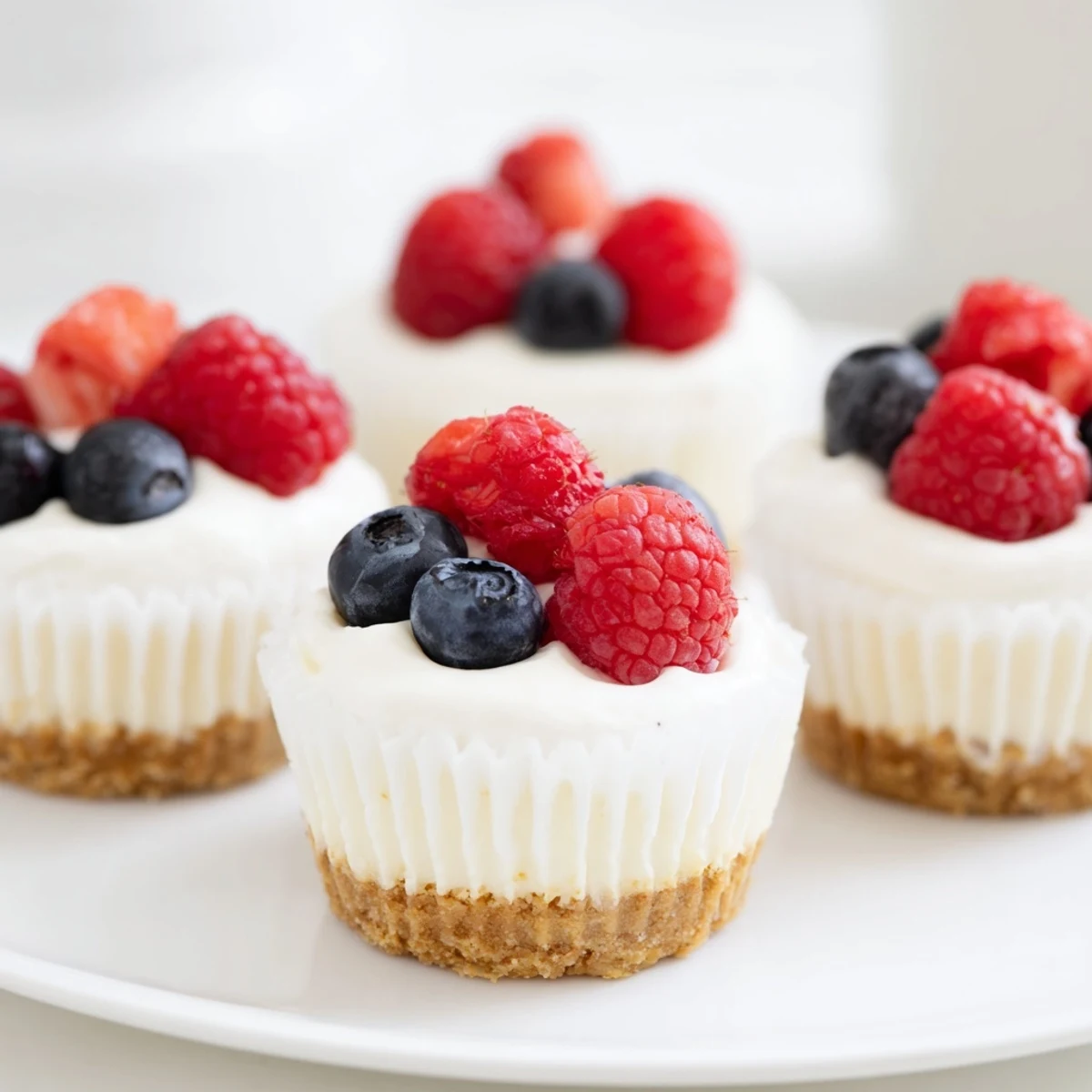 Golden mini cheesecakes with vanilla wafer crust topped with fresh red berries