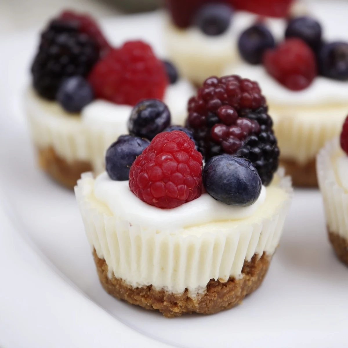 Small vanilla wafer crust cheesecakes with smooth white filling and colorful fruit garnish