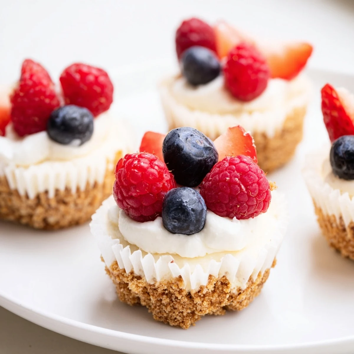 Creamy individual cheesecakes baked in muffin liners with crisp vanilla cookie bottoms