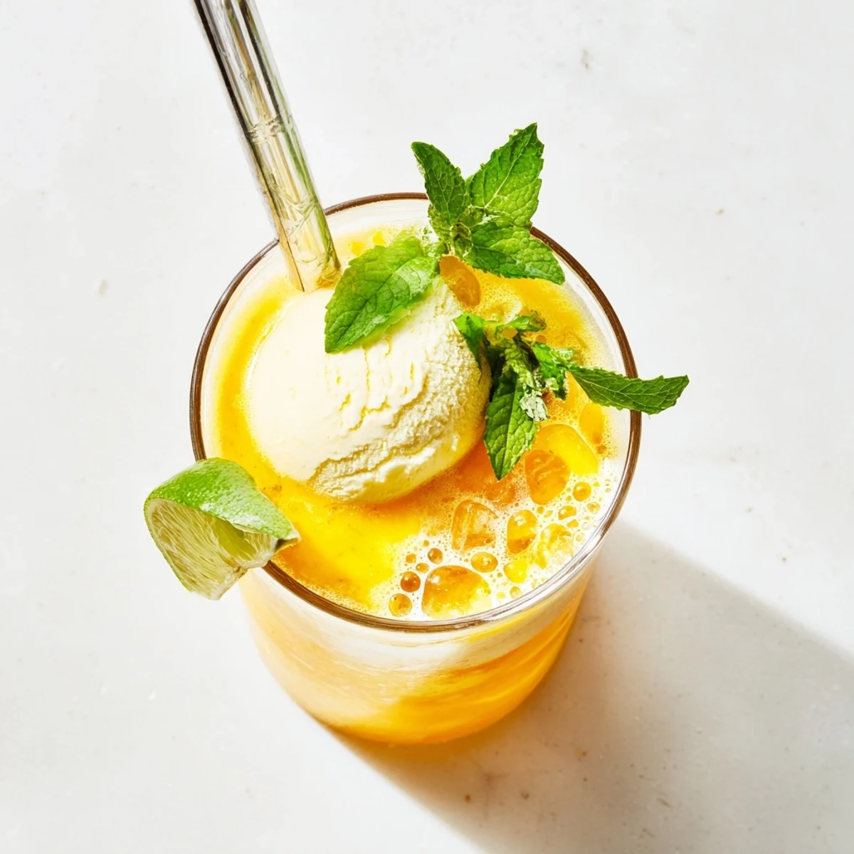 Golden mango ginger float with vanilla ice cream floating in sparkling water