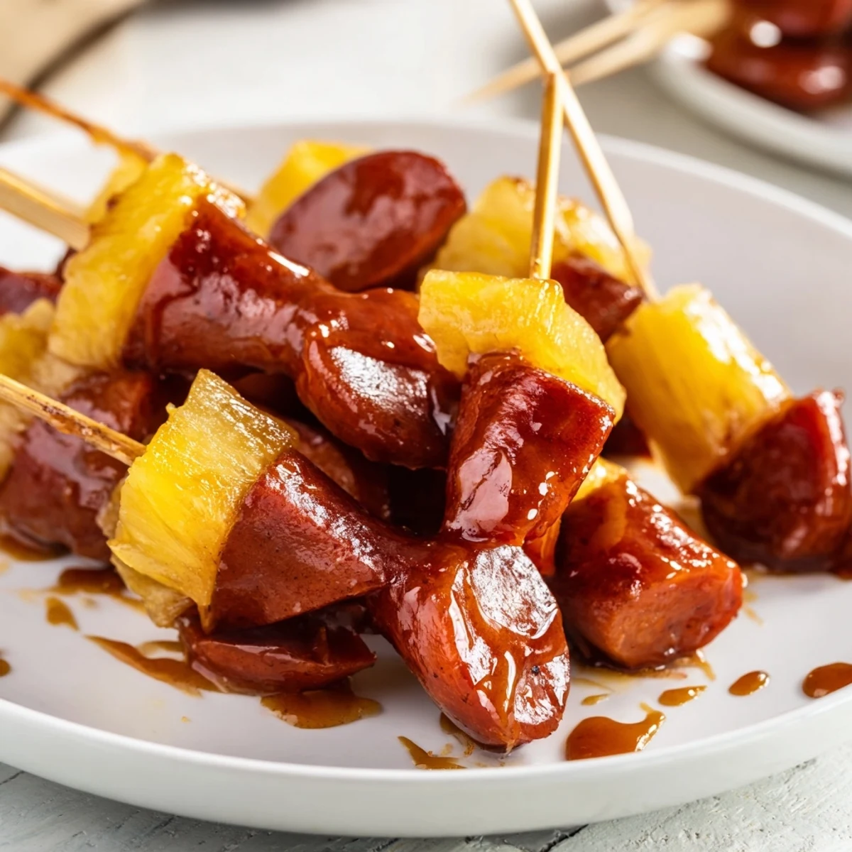 Caramelized sausage slices and pineapple chunks coated in a shiny sweet and tangy barbecue glaze