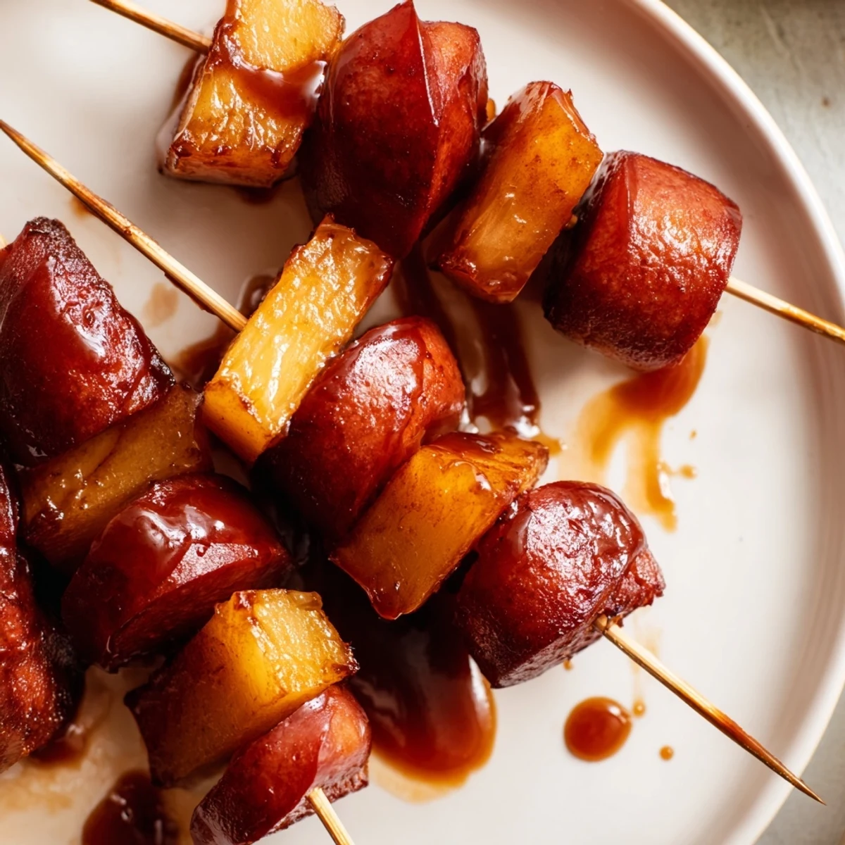 Golden glazed kielbasa and pineapple bites arranged on a serving platter with toothpicks
