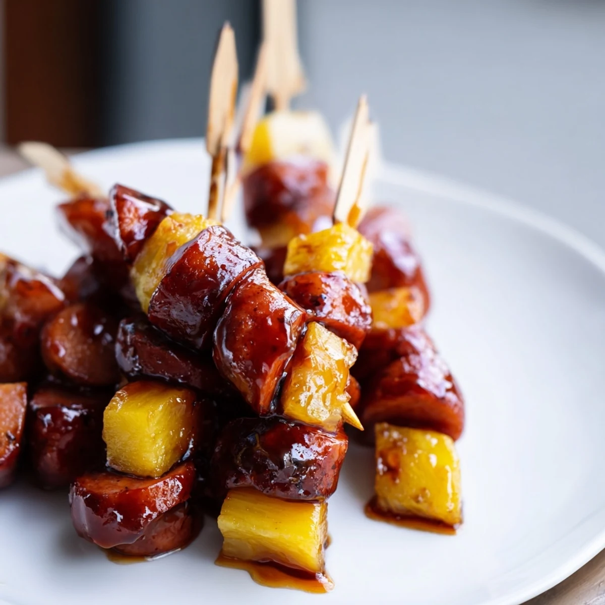 Appetizer plate featuring glazed kielbasa pineapple bites with glistening brown sugar and soy sauce coating