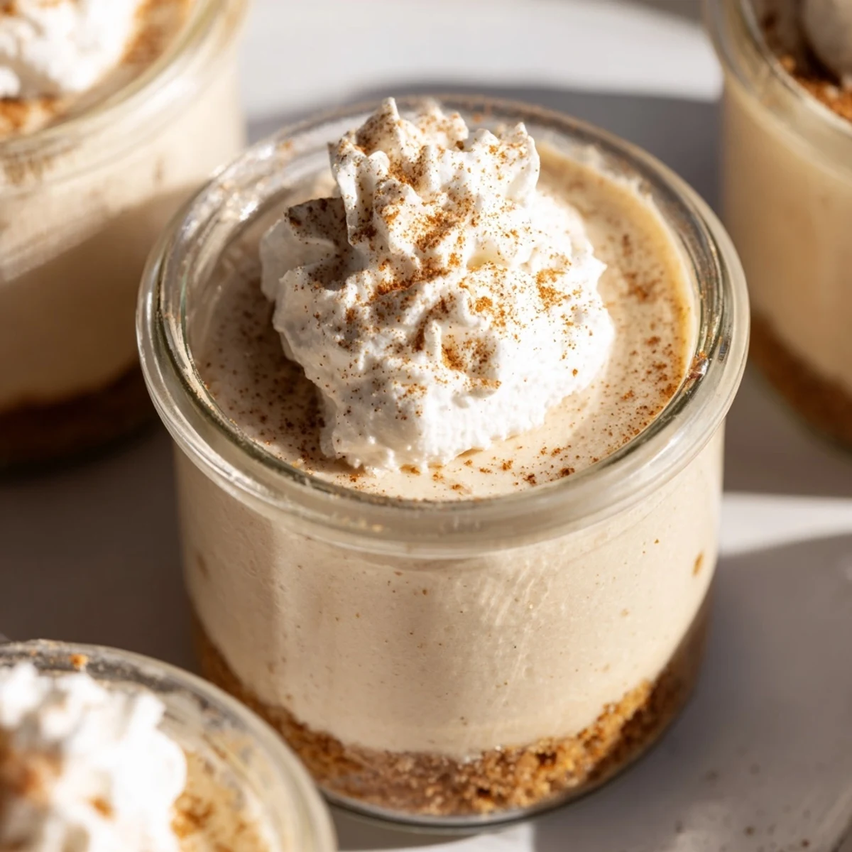 Mini mason jars layered with spiced no bake cheesecake filling and graham cracker crust