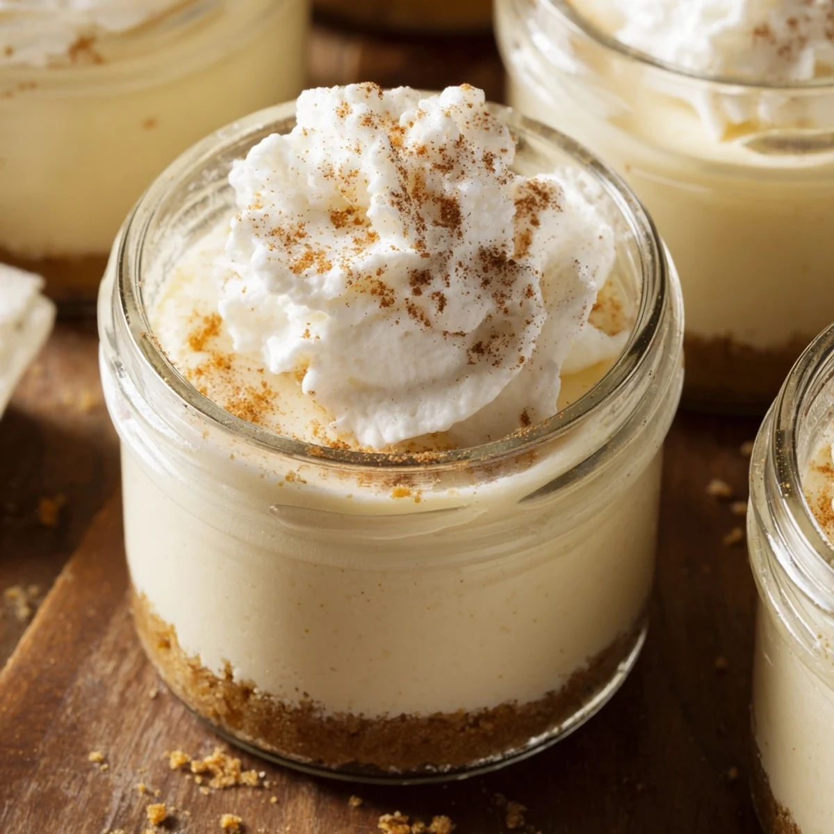 Creamy no bake cheesecakes in glass jars topped with whipped cream and cinnamon dusting