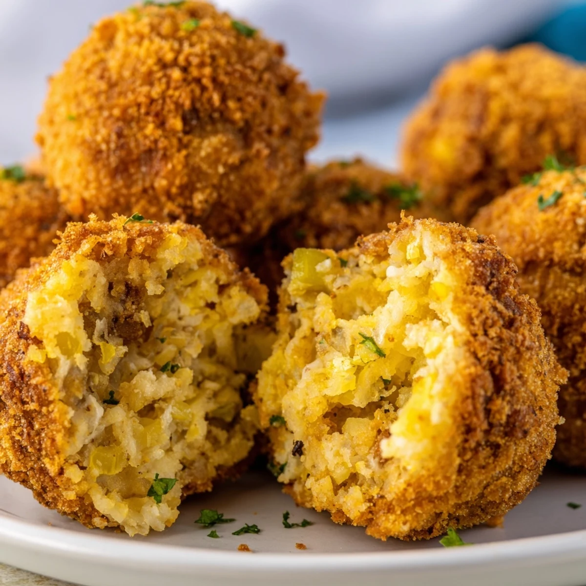 Golden crispy cornbread dressing balls fried to perfection on a white serving platter