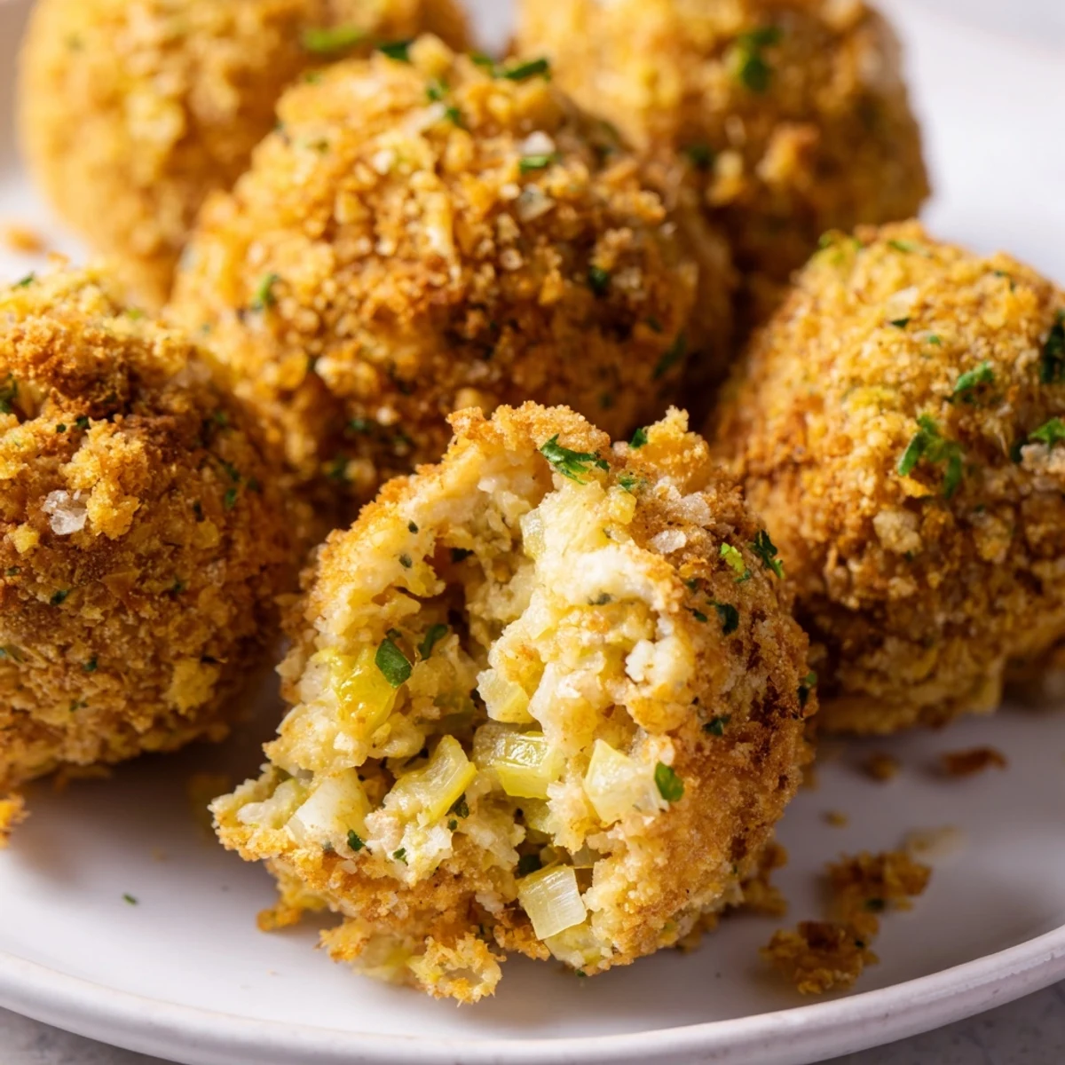 Close-up of Southern cornbread balls with crunchy panko coating and tender herb-infused center