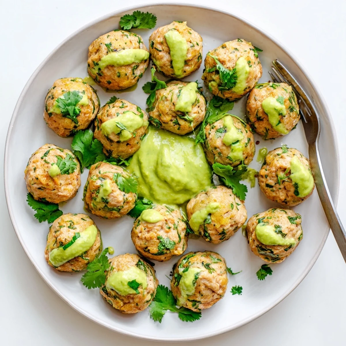 Golden baked salmon meatballs arranged on a white platter with vibrant green avocado sauce
