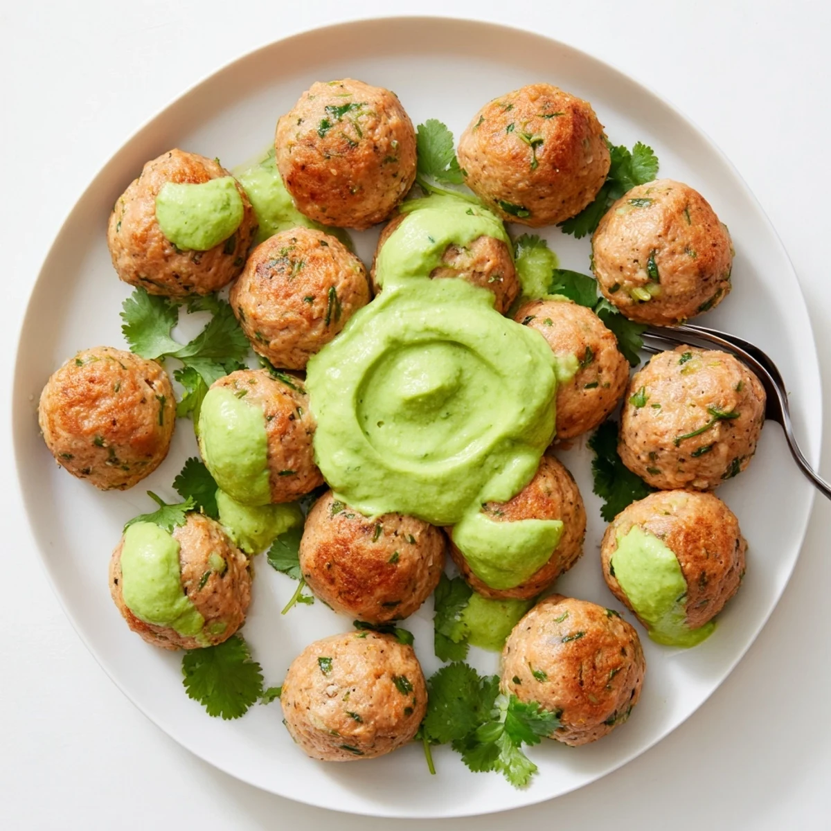 Close-up of tender baked salmon meatballs drizzled with creamy avocado dipping sauce on a rustic wooden board
