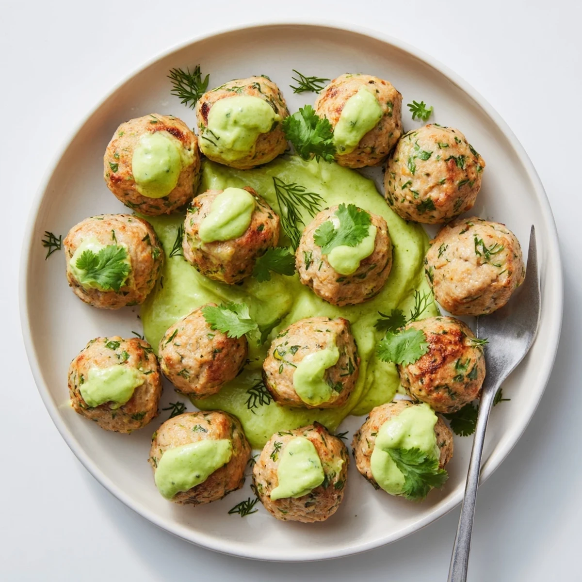 Healthy baked salmon meatballs with fresh herbs served alongside zesty avocado sauce for dipping