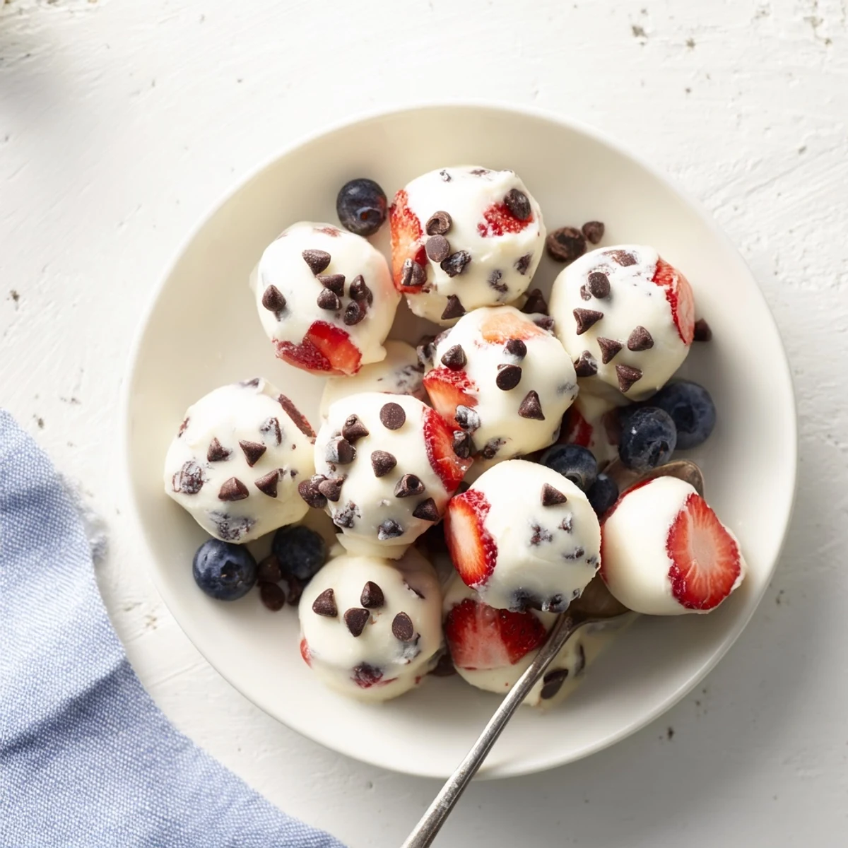 Creamy Frozen Greek yogurt bites with diced mango and dark chocolate chips ready for freezing