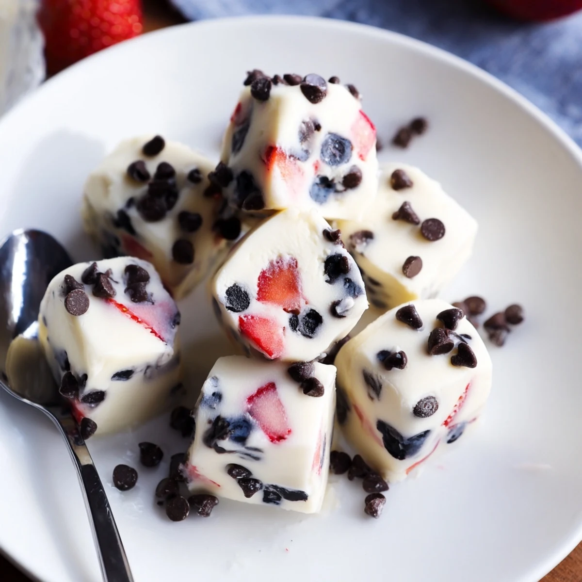 Frozen Greek yogurt bites topped with colorful fresh strawberries and blueberries on a white plate