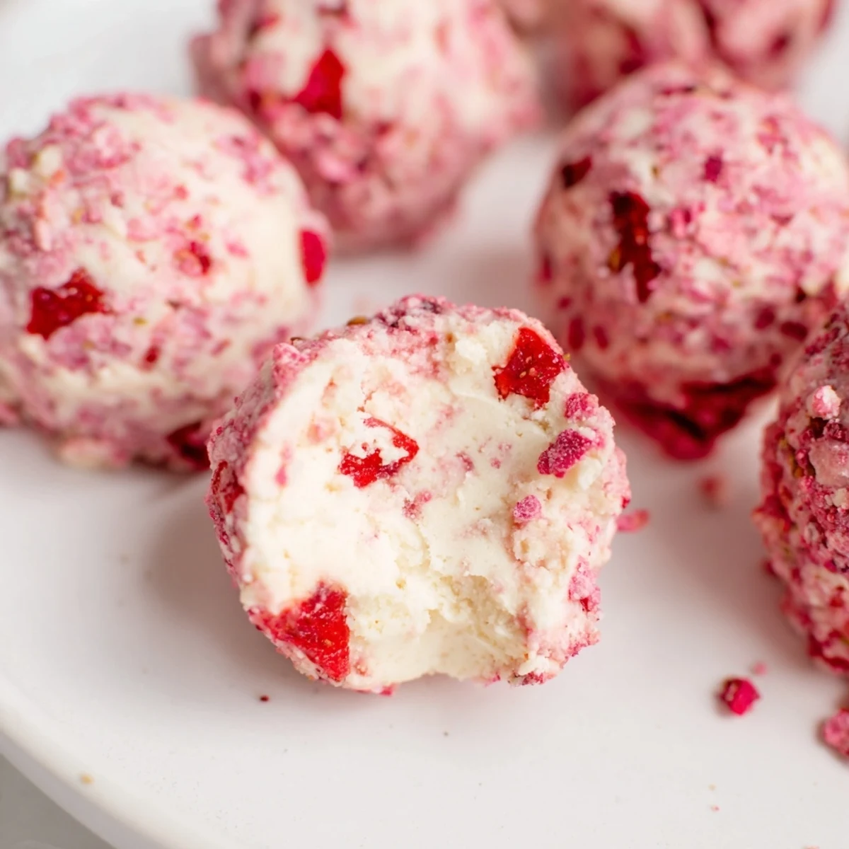 Bite-sized strawberry cheesecake fat bombs with fresh fruit pieces arranged on a white serving plate